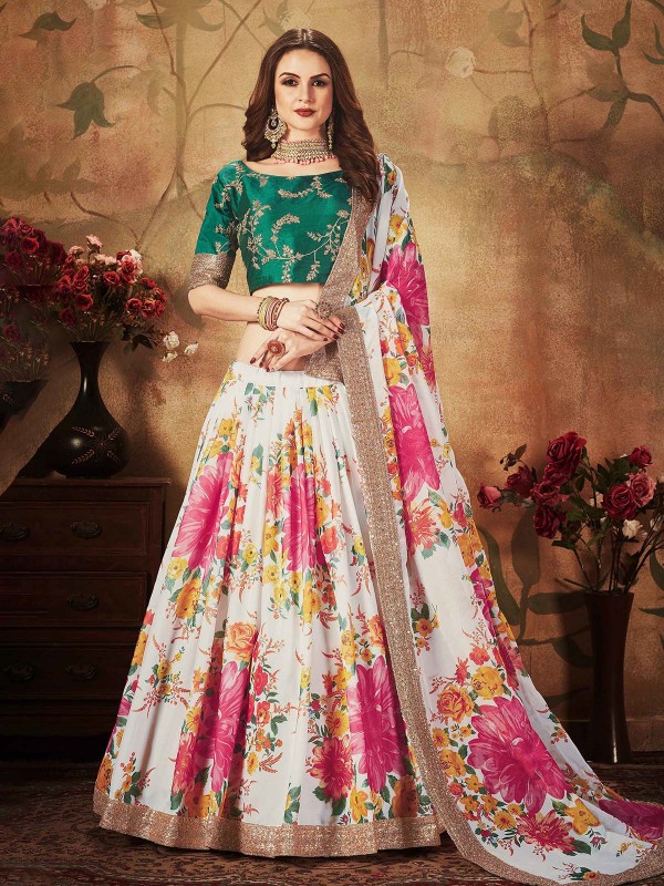 Off White And Green Organza Lehenga Choli